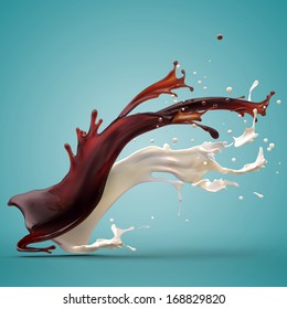 Design element. Brown coffee and white cream milk splashes spreading moving up