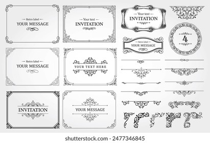 Design elements set, decorative flourish border corner and frame collection for invitation, menu and page decoration