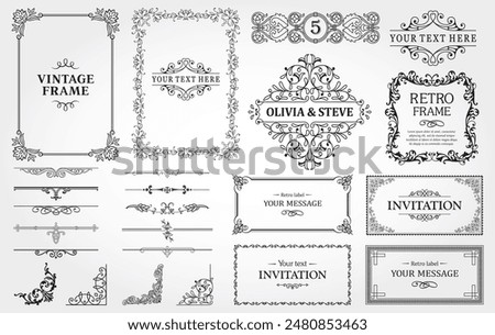 Design elements set, decorative flourish border corner and frame collection for invitation, menu and page decoration