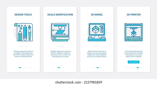 Design equipment illustration. UX, UI onboarding mobile app page screen set with line designer tools and printery device 3d printer offset machine, computer model designing, scale modification