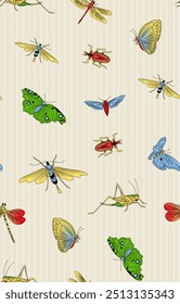 The design features a seamless pattern of colorful insects such as butterflies, dragonflies, beetles, and grasshoppers against a beige background with subtle vertical stripes.