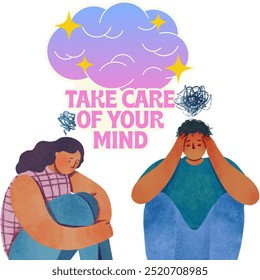 Design featuring a woman and a man looking confused and anxious. Above them, there is a brain design with the positive message "TAKE CARE OF YOUR MIND." #shotlisthealth - Powered by Shutterstock