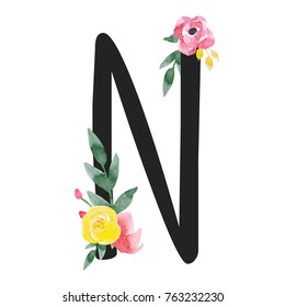 Design Letters N Watercolor Flowers Stock Illustration 763232230 ...