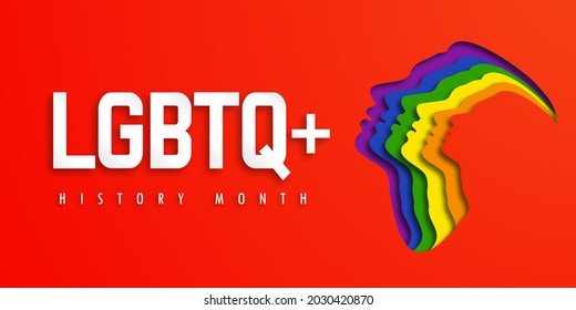 Design LGBTQ+ HISTORY MONTH.  People's Faces Look Up In LGBT Colors. Paper Cut. Minority Problem. PRIDE Parade. Coexistence Harmony And Multicultural Community Integration. Illustration