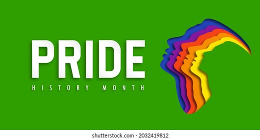 Design LGBTQ+ PRIDE HISTORY MONTH.  People's Faces Look Up In LGBT Colors. Paper Cut. Minority Problem. Pride Parade. Coexistence Harmony And Multicultural Community Integration. Illustration