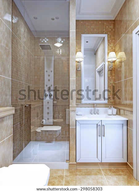 Design of\
modern bathroom. The combination of natural marble tiles and a\
small mosaic in the shower and around the mirror. Cosy modern\
design bathroom with limited space. 3D\
render