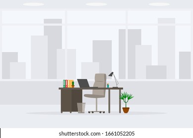 Design of modern empty office working place 3/4 side view illustration. Table, desk, chair, computer, laptop, stationery folder, plant, lamp, trash bin isolated on cityscape background