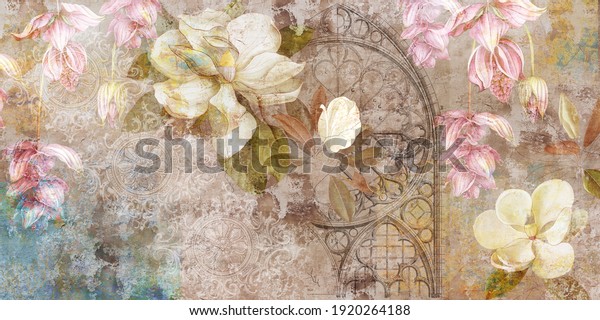 Design for mural, wallpaper, photo\
wallpaper, card, postcard. Floral background. Magnolia, jasmine\
flowers\
illustration.