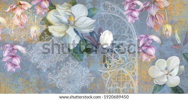Design for mural, wallpaper, photo wallpaper. Floral background. Magnolia, jasmine flowers illustration for Healthcare wall art. 