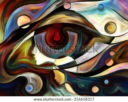 Design on the subject of intuition between parent and child made of profiles of woman and child, human eye and abstract elements