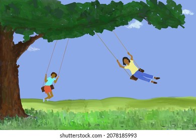 Design: Painting of two children in swings suspended from the sturdy branch of a large tree.