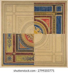 Design for a paneled ceiling with alternative decorations by Jules-Edmond-Charles Lachaise and Eugene-Pierre Gourdet. Vintage art illustration.