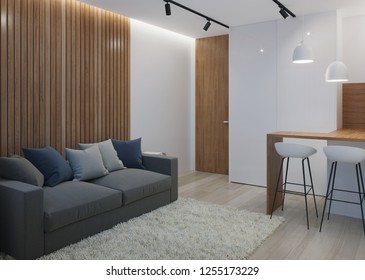Design a small room with a sofa. Night. Evening lighting. 3D rendering.