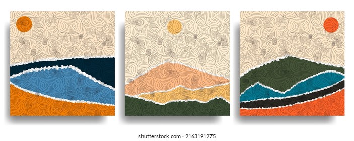 Design For Social Media Template, Web Banner. Torn Paper. Landscape Illustration. Boho Grunge Wall Art Concept. Hills, Seascape, Mountains. Japanese Wave Line Pattern. Mountain Background.