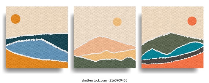 Design For Social Media Template, Web Banner. Torn Paper. Landscape Illustration. Boho Grunge Wall Art Concept. Hills, Seascape, Mountains. Japanese Wave Line Pattern. Mountain Background.