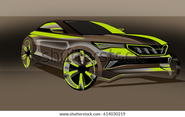 Design sporty exterior\
car is brown drawing brush color painting. The vehicle is dynamics\
and type of road. The sketch is sketched with lights lines and\
luxurious curves.