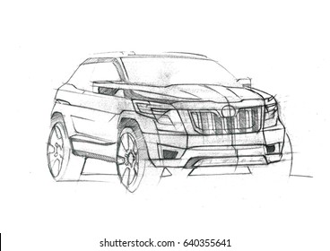 Design Sporty Exterior Car Is Drawing With Pencil. The Vehicle Is Dynamics And Type Of Road. The Sketch Is Sketched With Lights Lines And Luxurious Curves.