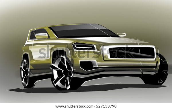 Design sporty exterior car is\
drawing brush color painting. Vehicle is dynamics and type off\
road. Sketch is sketched with lights lines and luxurious\
curves.