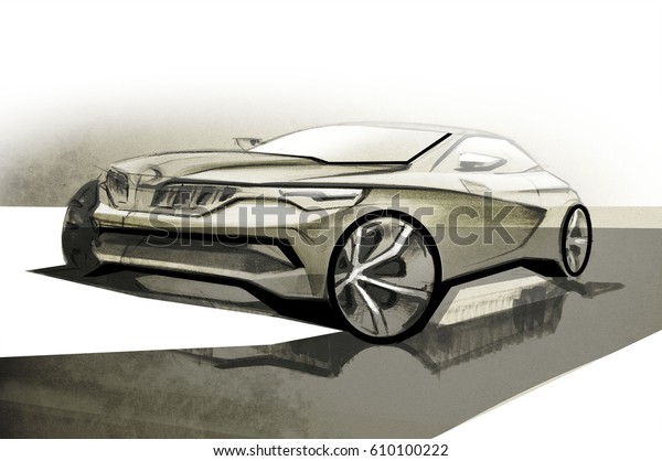 Design sporty exterior car is drawing\
brush color painting. The vehicle is dynamic and sports. The sketch\
is sketched with lights lines and luxurious\
curves.