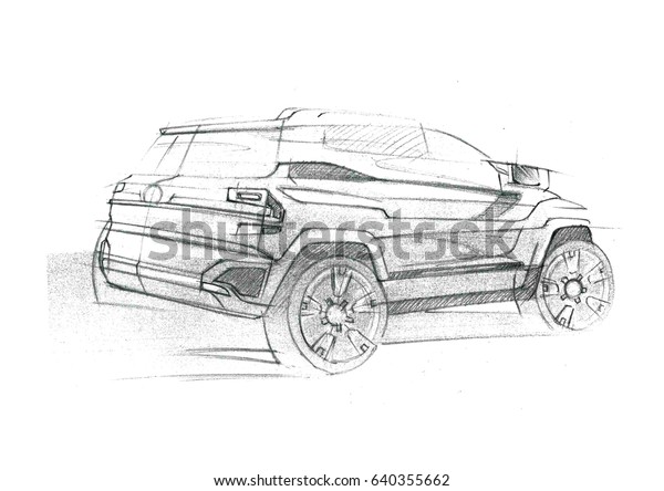 Design sporty exterior car is drawing\
with pencil. The vehicle is dynamics and type of road. The sketch\
is sketched with lights lines and luxurious\
curves.