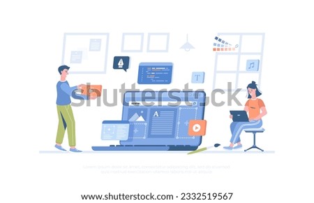 Design studio concept. Designers create content for the website, graphic elements, choose colors and fonts. Cartoon modern flat raster illustration for banner, website design, landing page.