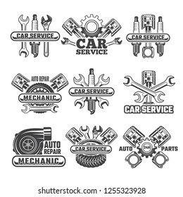 Design template of labels and badges with automobile tools and details