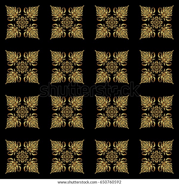Design for the text, invitation\
cards, various printing editions. Seamless pattern with golden\
elements on a black background. A golden ornament in east\
style.