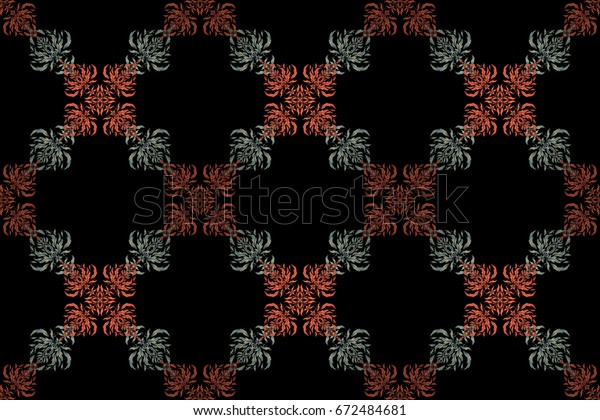 Design for the text,\
invitation cards, various printing editions. Seamless pattern with\
blue, beige and orange elements on a black background. A raster\
ornament in east\
style.