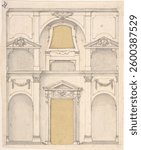 Design for a Wall Elevation over Two Floors, Anonymous, Italian, 17th century. Vintage artwork, art illustration. Vintage architecture watercolor illustration.