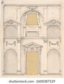 Design for a Wall Elevation over Two Floors, Anonymous, Italian, 17th century. Vintage artwork, art illustration. Vintage architecture watercolor illustration.