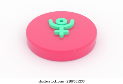 Designation of the planet Pluto. Three-dimensional image of an astrological symbol on a cylindrical substrate. A brilliant green symbol on a pink disc on a white background. 3D render.