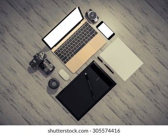 Designer accessories and gadgets on wood background vintage style. High resolution - Powered by Shutterstock