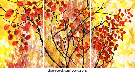 Designer oil painting. Decoration for the interior. Modern abstract art on canvas. Set of pictures with different textures and colors. Tree with red leaves.