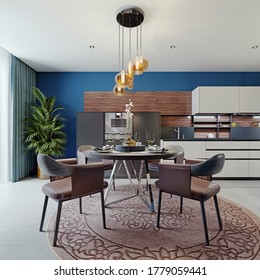 Designer Round Dining Table With Four Chairs And A Chandelier Above The Table In The Interior Of A Modern Kitchen. 3D Rendering.