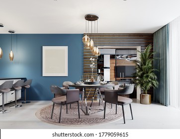 Designer Round Dining Table With Four Chairs And A Chandelier Above The Table In The Interior Of A Modern Kitchen. 3D Rendering.