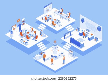 Designer studio concept 3d isometric web scene with infographic. People work at different creativity rooms, meeting and brainstorming at agency office. Illustration in isometry graphic design - Powered by Shutterstock