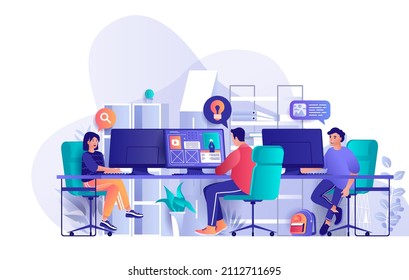 Designers Agency Concept In Flat Design. Creative Team Working Together In Office Scene Template. Website Layout Development, Usability, Ui Design. Illustration Of People Characters Activities