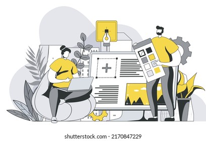 Designers agency concept with outline people scene. Man and woman working on project, creating graphics content and elements for site layout. Illustration in flat line design for web template - Powered by Shutterstock