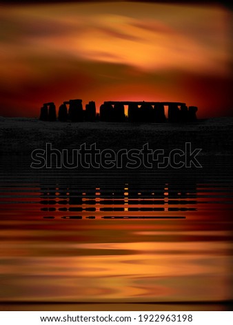 designs and patterns from stylized megalith silhouetted against dramatic evening sky