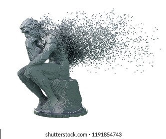 Desintegration Of Digital Metal Sculpture Thinker On White Background. 3D Illustration.