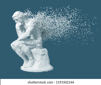 Desintegration Of Digital Sculpture Thinker On Blue Background. 3D Illustration.