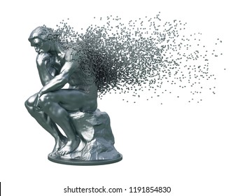 Desintegration Of Metal Sculpture Thinker On White Background. 3D Illustration.
