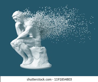 Desintegration Of Sculpture Thinker On Blue Background. 3D Illustration.