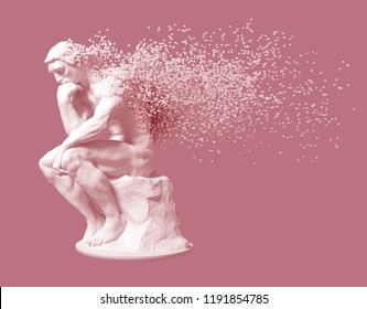 Desintegration Of Sculpture Thinker On Pink Background. 3D Illustration.