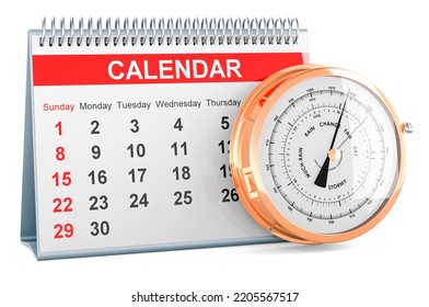 Desk Calendar With Barometer. Barometric Pressure Forecast Concept, 3D Rendering Isolated On White Background