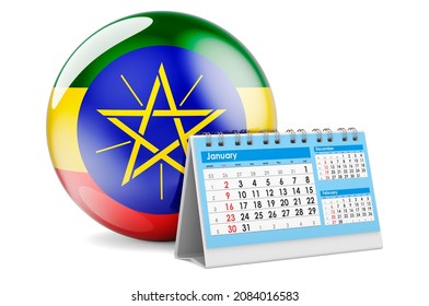 Desk Calendar With Ethiopian Flag. 3D Rendering Isolated On White Background  