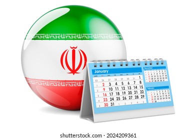 Desk Calendar With Iranian Flag. 3D Rendering Isolated On White Background  