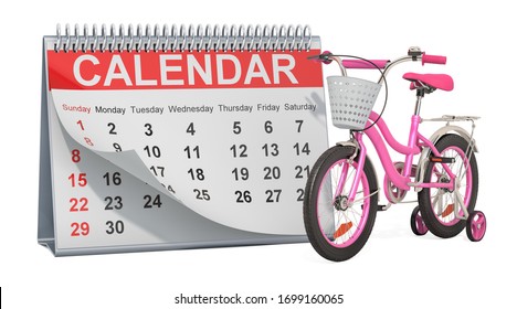 Desk Calendar With Kids Bicycle With Training Wheels, 3D Rendering Isolated On White Background