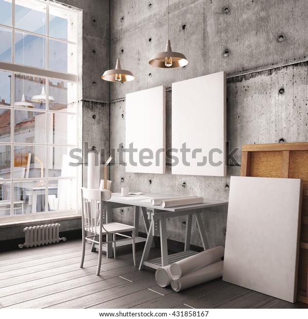 Desk Hipster Style Loft Mockup Interior Stockillustration