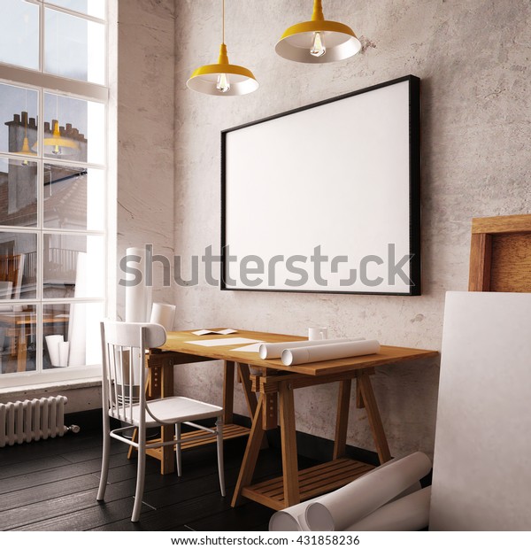 Download Desk Hipster Style Loft Mockup Interior Stock Illustration 431858236 PSD Mockup Templates